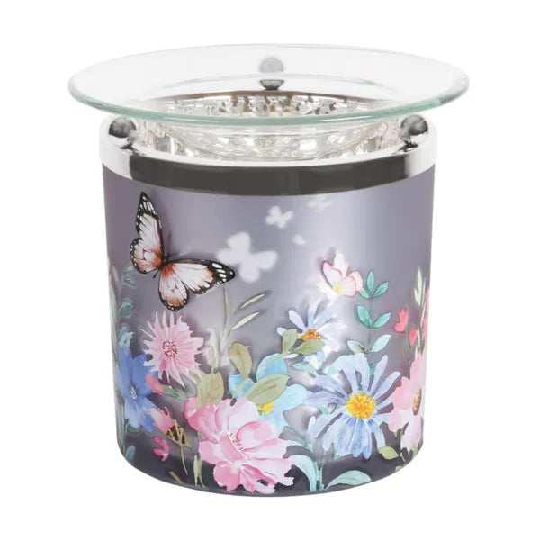 Purple butterfly wax melt burner tealight warmer with floral design for home fragrance use