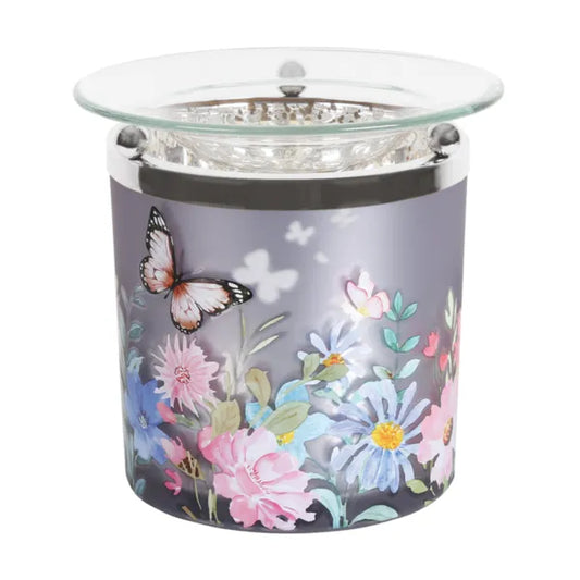 Purple butterfly wax melt burner tealight warmer with floral design for home fragrance use