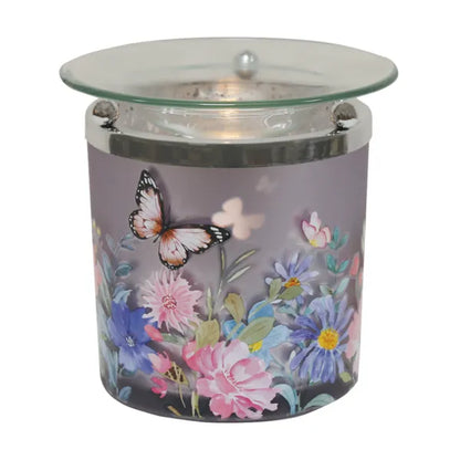 Purple butterfly wax melt burner tealight warmer with floral design for home fragrance use