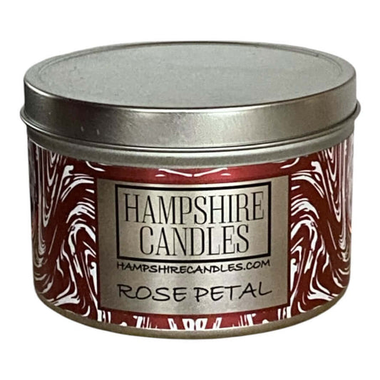 Rose Petal Scented Candle Tin - Compact design with a romantic floral fragrance and 35+ hours burn time, perfect for eco-conscious, cruelty-free home fragrance.