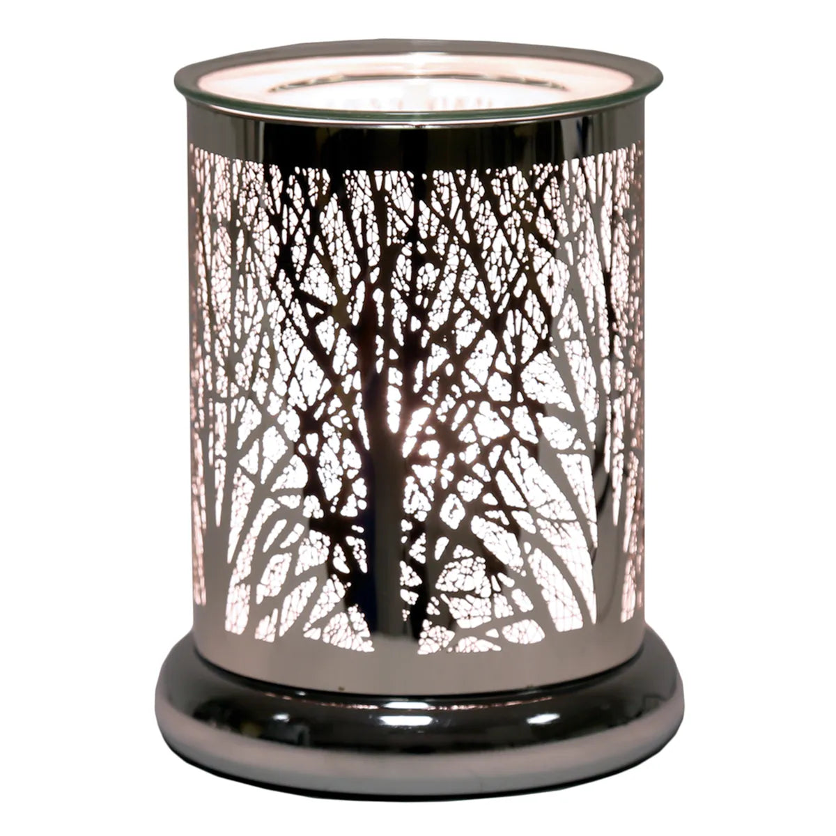 Silver Silhouette Forest electric wax melt burner 17cm with woodland tree design