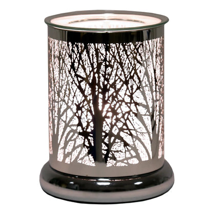 Silver Silhouette Forest electric wax melt burner 17cm with woodland tree design