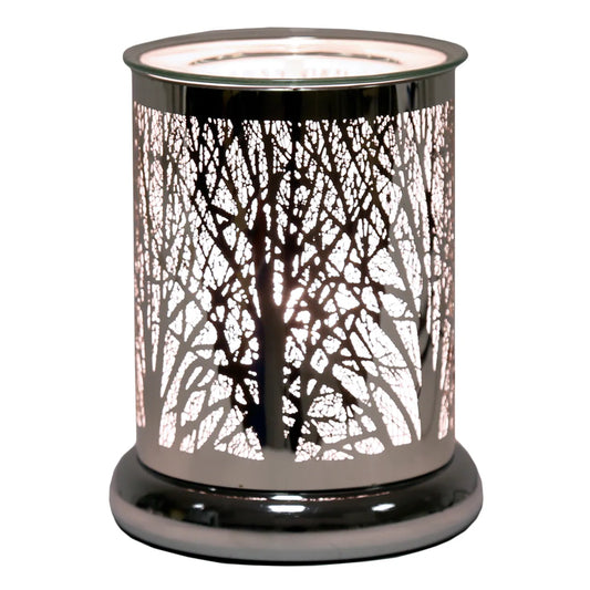 Silver Silhouette Forest electric wax melt burner 17cm with woodland tree design