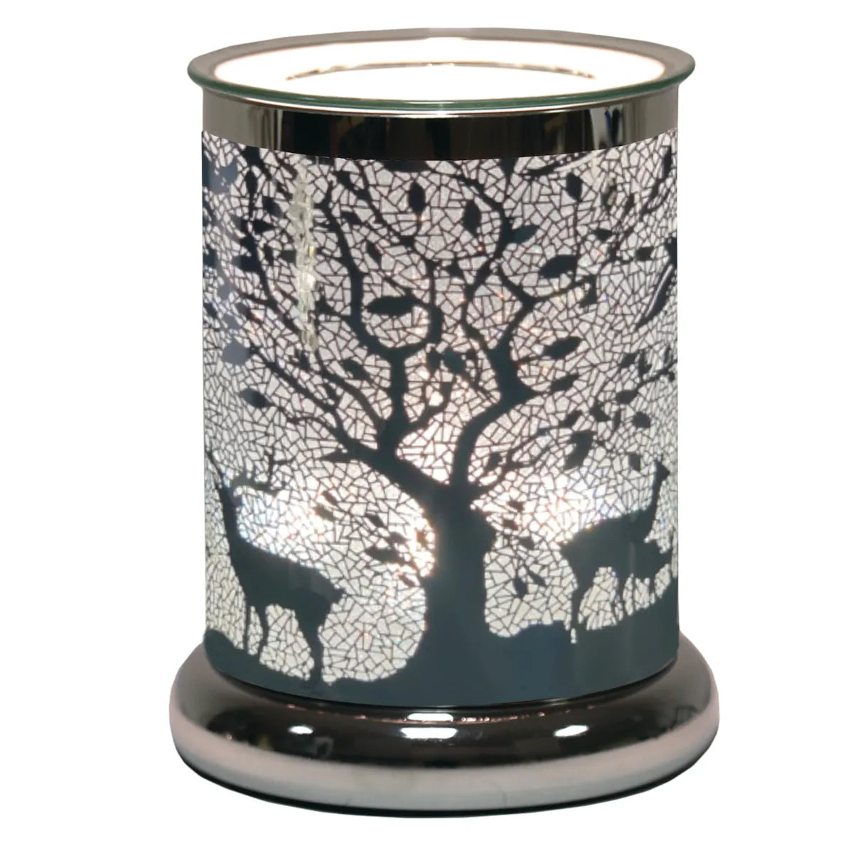 Silver Silhouette Woodland Deer electric wax melt burner 17cm with illuminated forest scene