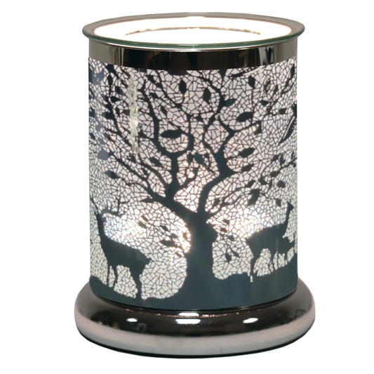 Silver Silhouette Woodland Deer electric wax melt burner 17cm with illuminated forest scene