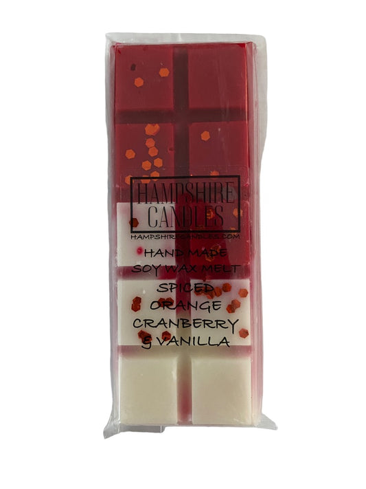 Spiced Blood Orange and Cranberry Wax Melts offering a vibrant, citrusy aroma with warm spice and tart cranberry notes. Ideal for creating a festive atmosphere with soy wax melts