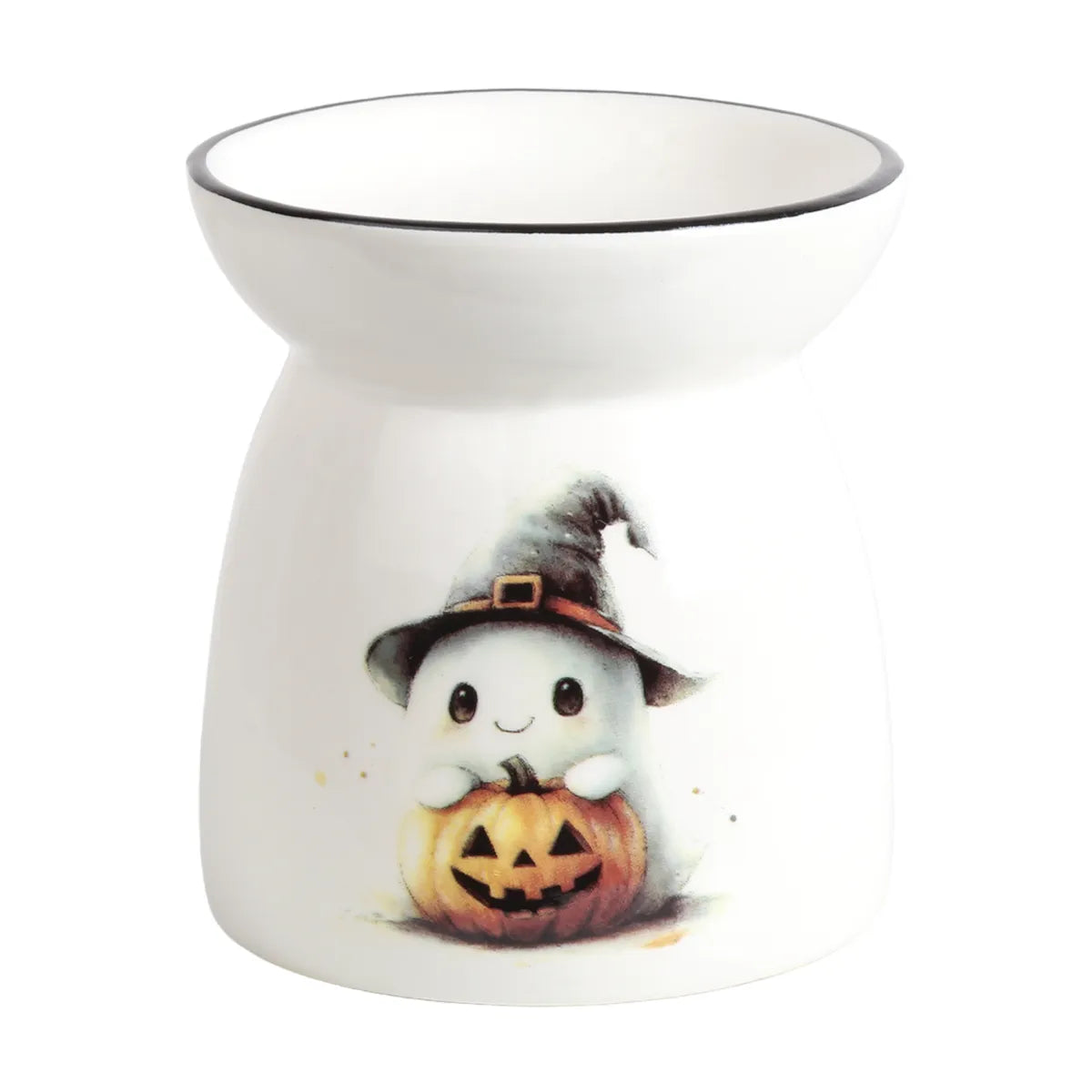 Spooky Ghost tealight wax melt burner 11cm in white ceramic with black witch’s hat and pumpkin, perfect for Halloween.