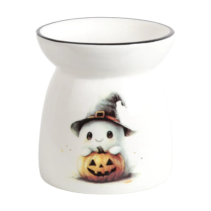 Spooky Ghost tealight wax melt burner 11cm in white ceramic with black witch’s hat and pumpkin, perfect for Halloween.