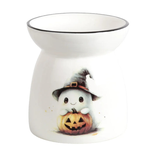 Spooky Ghost tealight wax melt burner 11cm in white ceramic with black witch’s hat and pumpkin, perfect for Halloween.
