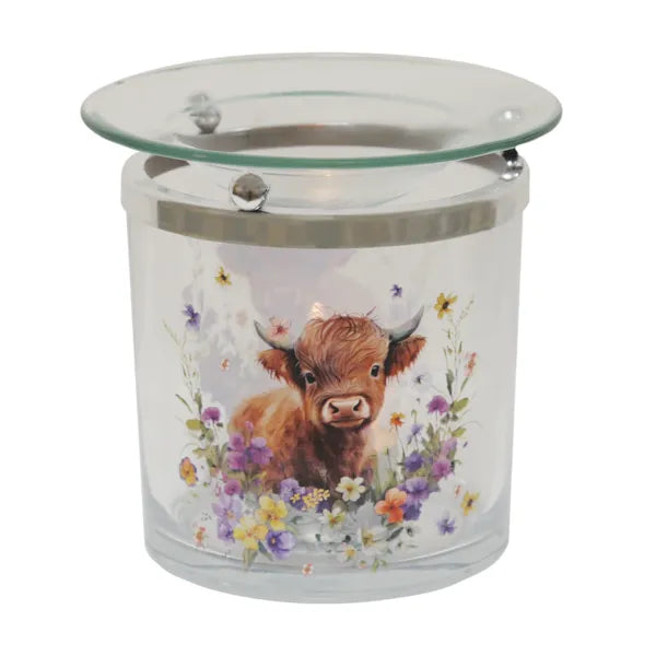Tealight wax melt burner highland cow floral design with warm ambient glow