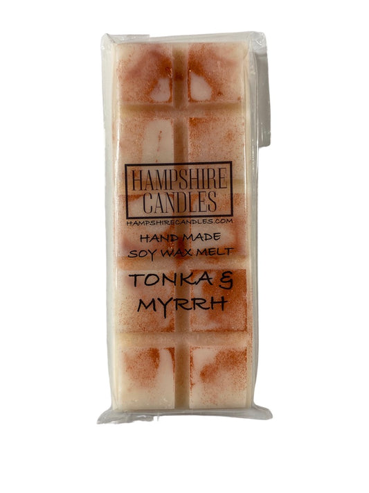 Soy wax melts with tonka bean and myrrh fragrance. Perfect for electric wax melt burners, adding a rich, aromatic scent to your home.