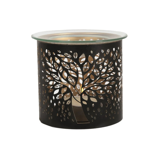 Tree of Life wax melt warmer and candle holder with black metal silhouette and gold interior