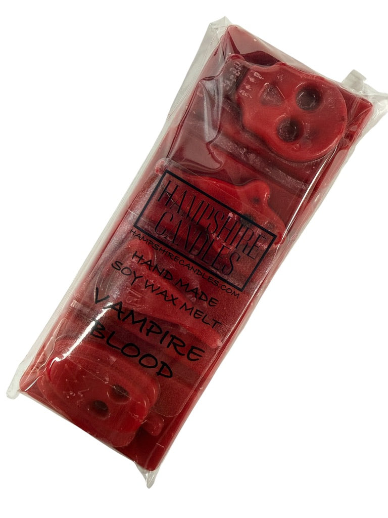 Vampire’s Blood soy wax melt snap bar handmade by Hampshire Candles, a rich Halloween fragrance with citrus, patchouli, cedarwood and sandalwood.