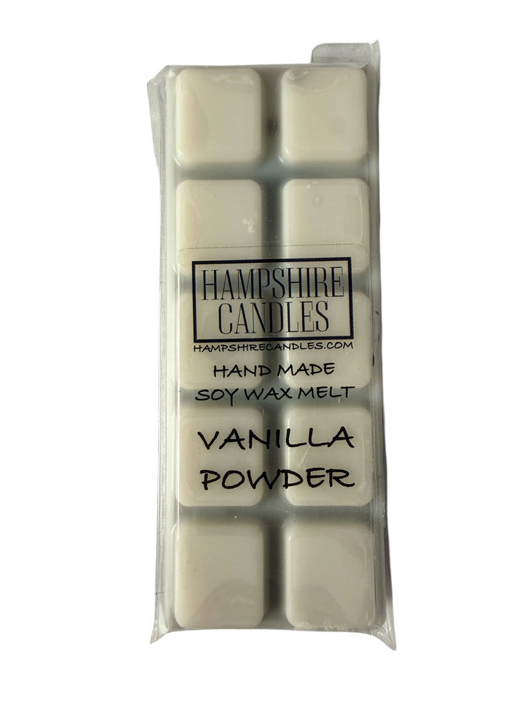 Vanilla Powder soy wax melt snap bar melting in a wax burner, filling a cosy home with warm vanilla, white musk and amber fragrance.