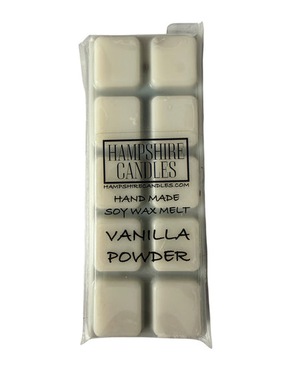 Vanilla Powder soy wax melt snap bar melting in a wax burner, filling a cosy home with warm vanilla, white musk and amber fragrance.