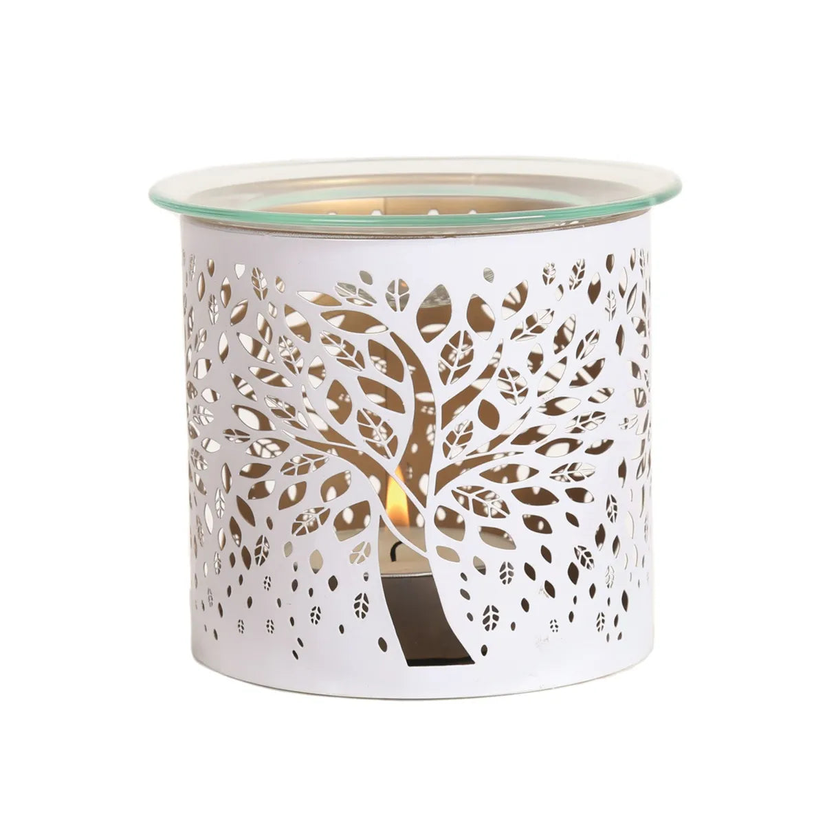 White Tree of Life wax melt warmer and candle holder with gold interior silhouette design
