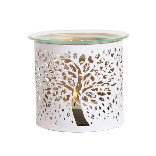 White Tree of Life wax melt warmer and candle holder with gold interior silhouette design