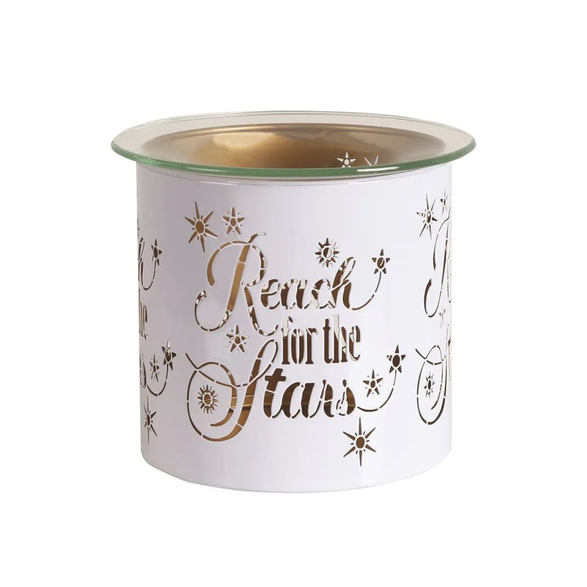 White and gold Reach wax burner illuminated with warm ambient glow