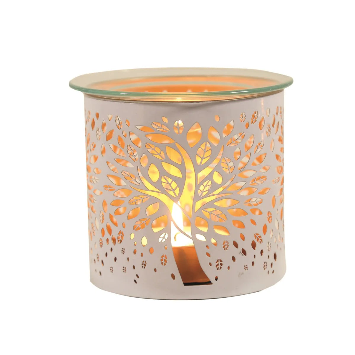 White and gold Tree of Life tealight wax melt burner with removable glass dish