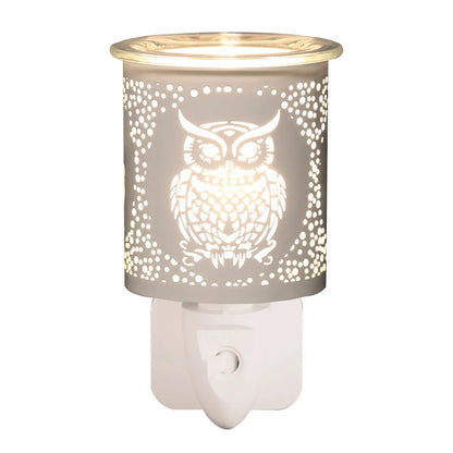 White and gold silhouette owl plug-in wax melt burner electric fragrance warmer 13cm