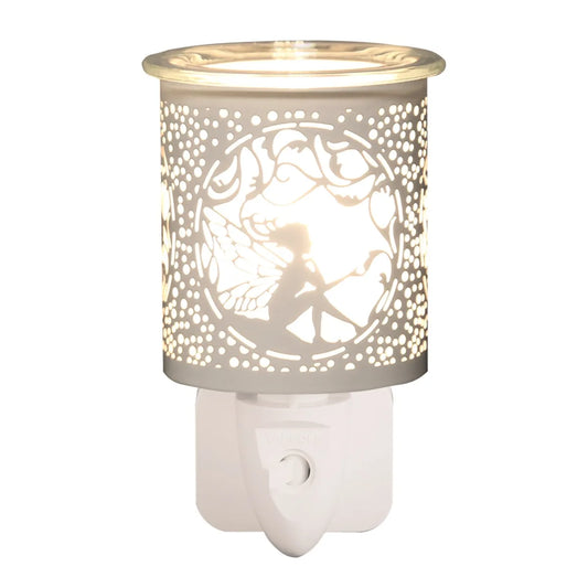 White and gold silhouette seated fairy plug in wax melt burner 13cm
