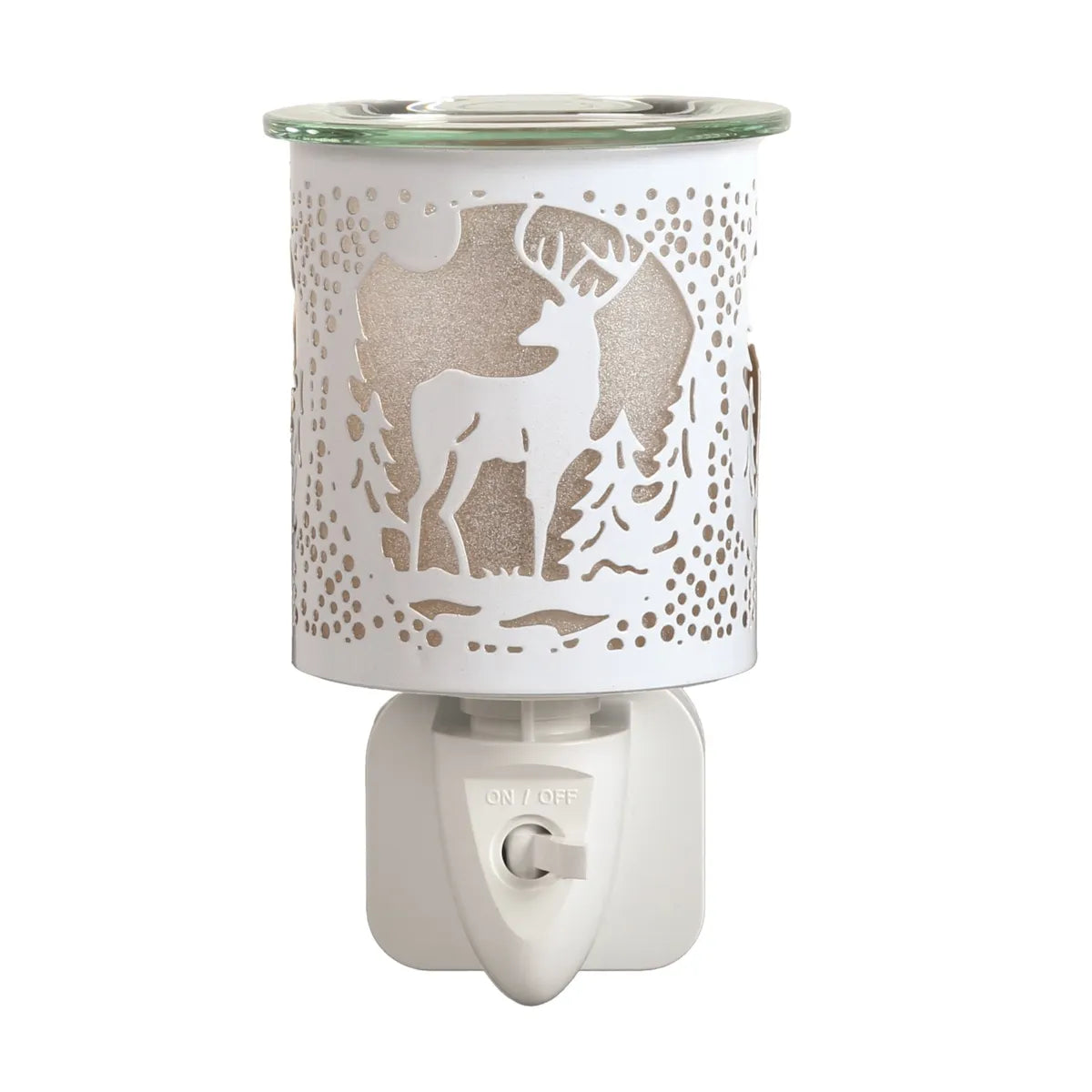 White and gold silhouette stag plug in wax melt burner 13cm with woodland design