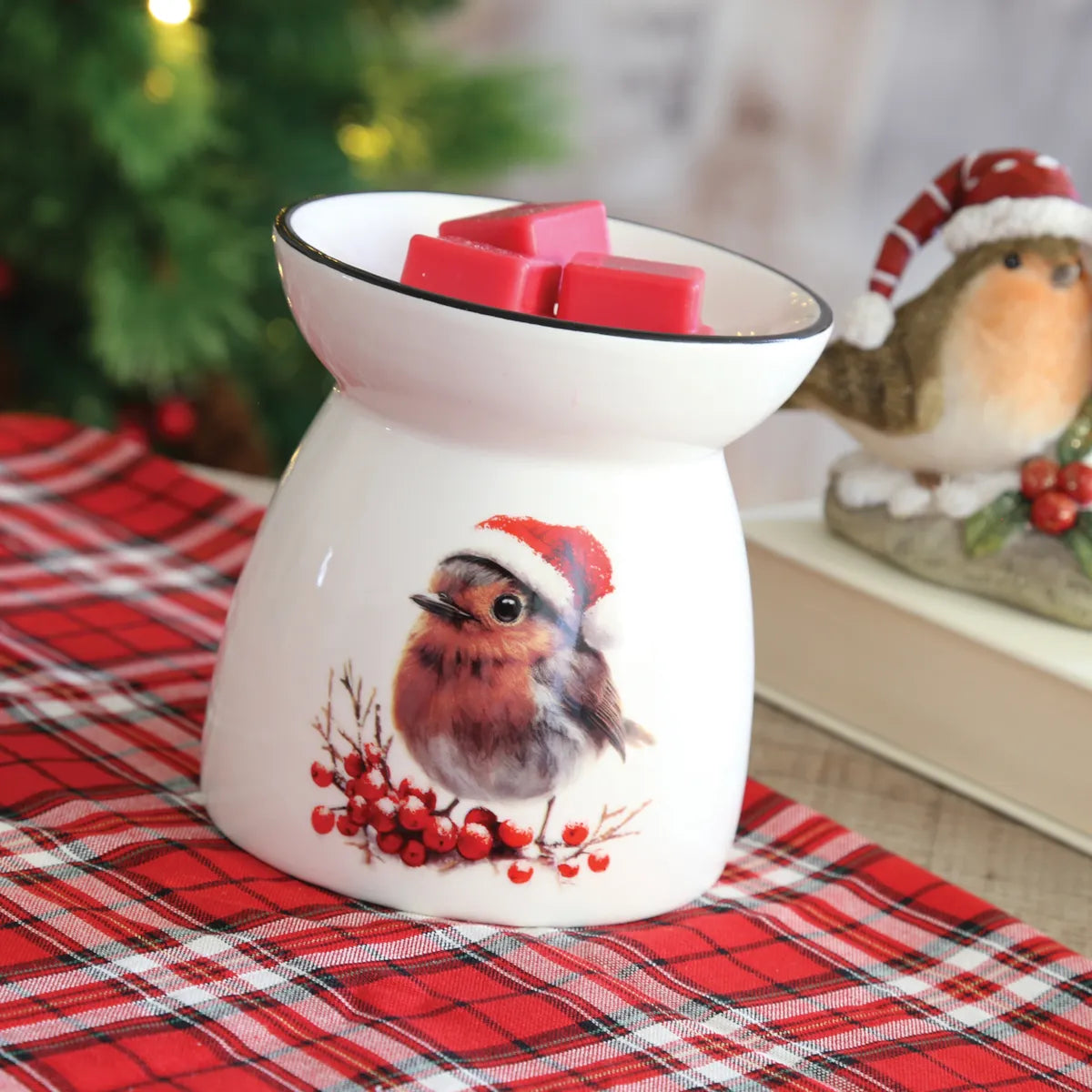 White ceramic Christmas Robin wax warmer with branches and berries for soy wax melts