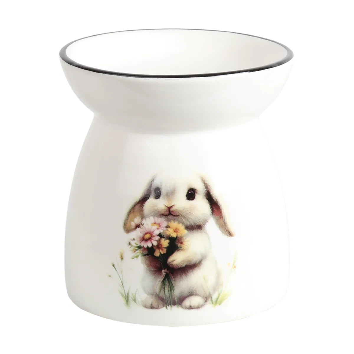 White ceramic Floral Rabbit tealight wax melt burner 11cm featuring a cute bunny holding a delicate posy of flowers.