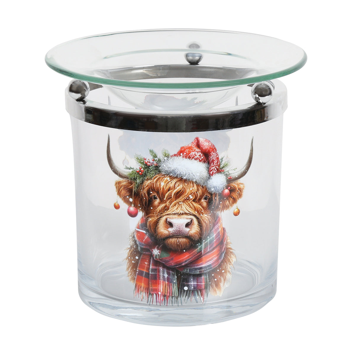 Festive Highland cow glass tealight wax melt burner with a cow in a Christmas hat and tartan scarf, under a clear glass dish