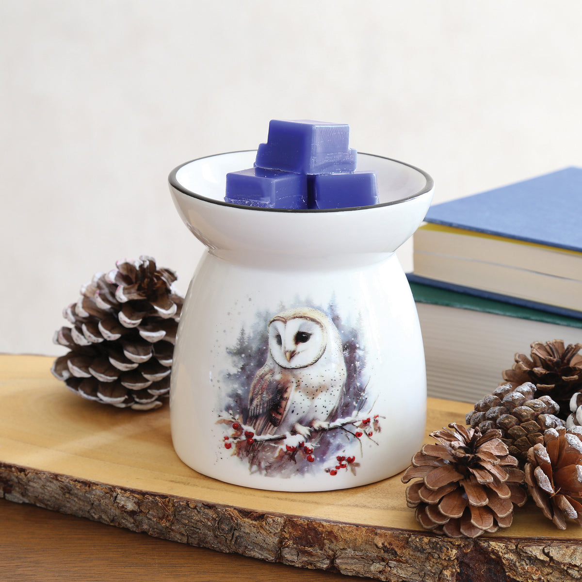 Owl ceramic tealight wax melt burner, white burner with an owl on a snowy branch with red berries, wax melts in the dish