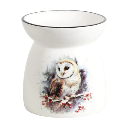 Owl ceramic tealight wax melt burner, white burner with an owl on a snowy branch with red berries, wax melts in the dish