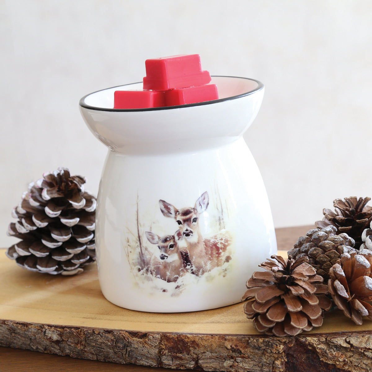Deer family ceramic tealight wax melt burner, white burner with a doe and fawns illustration, wax melts in the dish