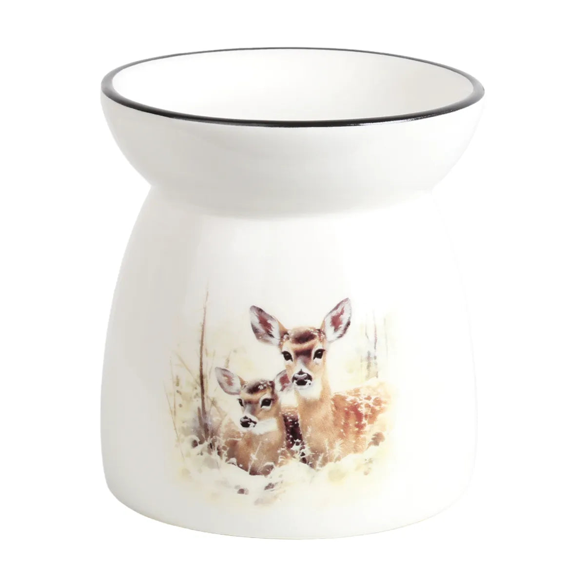 Deer family ceramic tealight wax melt burner, white burner with a doe and fawns illustration, wax melts in the dish