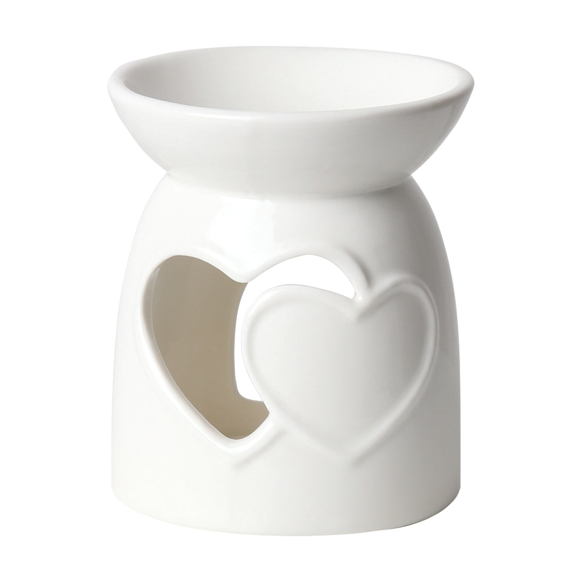 Two hearts white ceramic tealight wax melt burner with a heart cut-out beside a raised heart