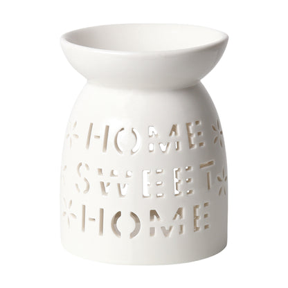 Home Sweet Home white ceramic tealight wax melt burner with cut-out lettering