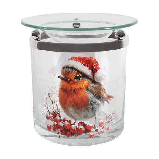 Festive robin glass tealight wax melt burner with a robin in a Santa hat among red berries, under a clear glass dish