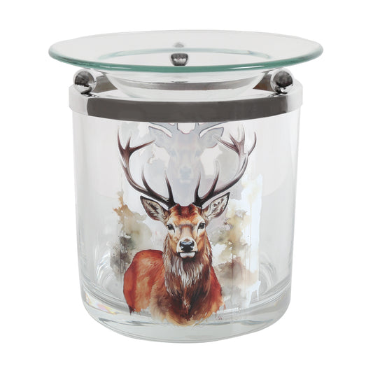 Stag glass tealight wax melt burner with a painted stag, a chrome-effect frame and a clear glass dish