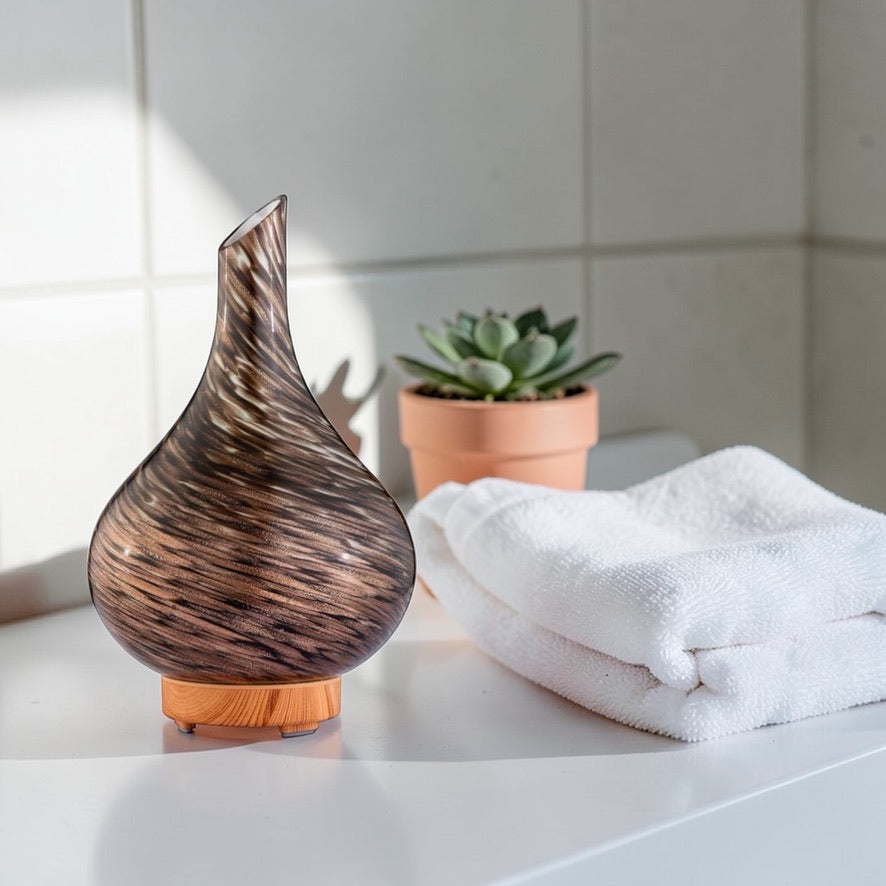 black brown essential oil diffuser in living room creating relaxing home fragrance atmosphere