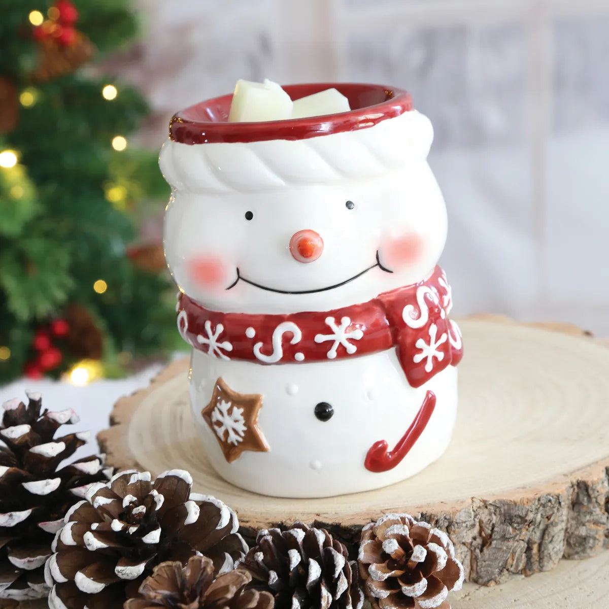 white ceramic Snowman wax warmer for soy wax melts and Christmas home décor