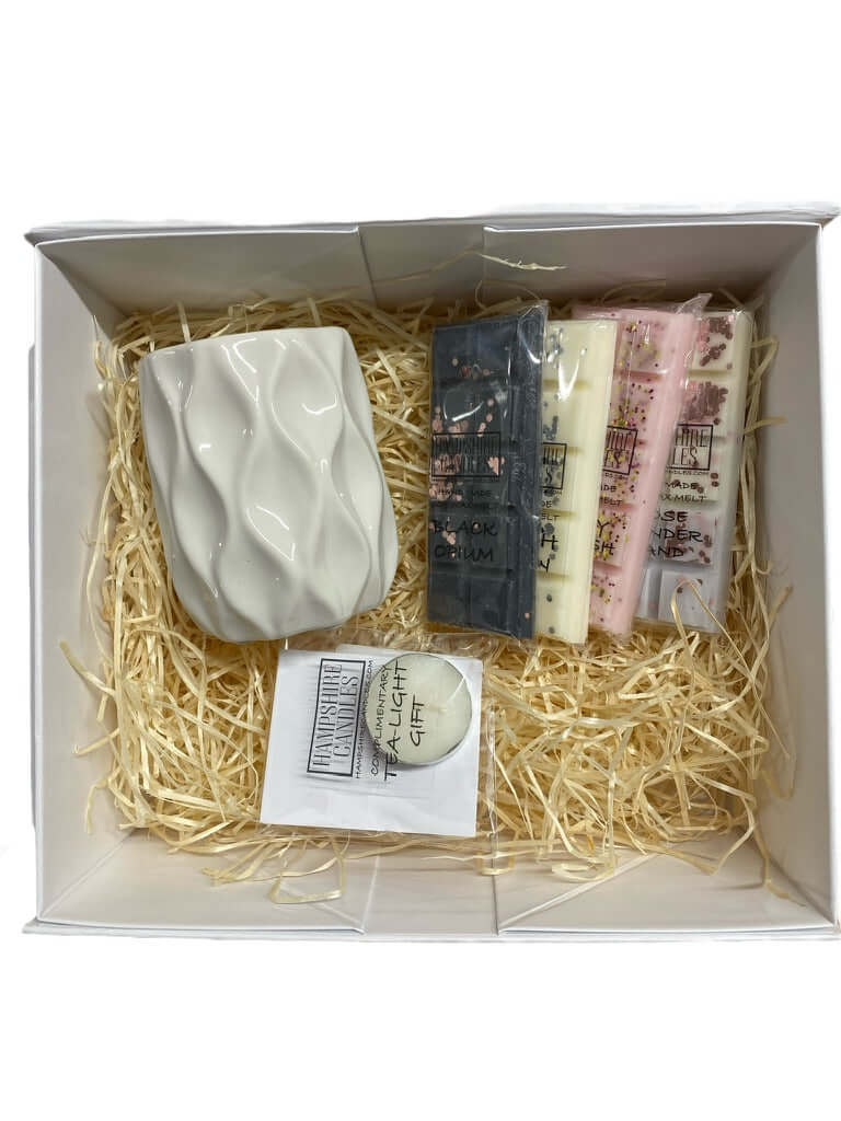 white magnetic gift box wax melt starter kit UK luxury packaging
