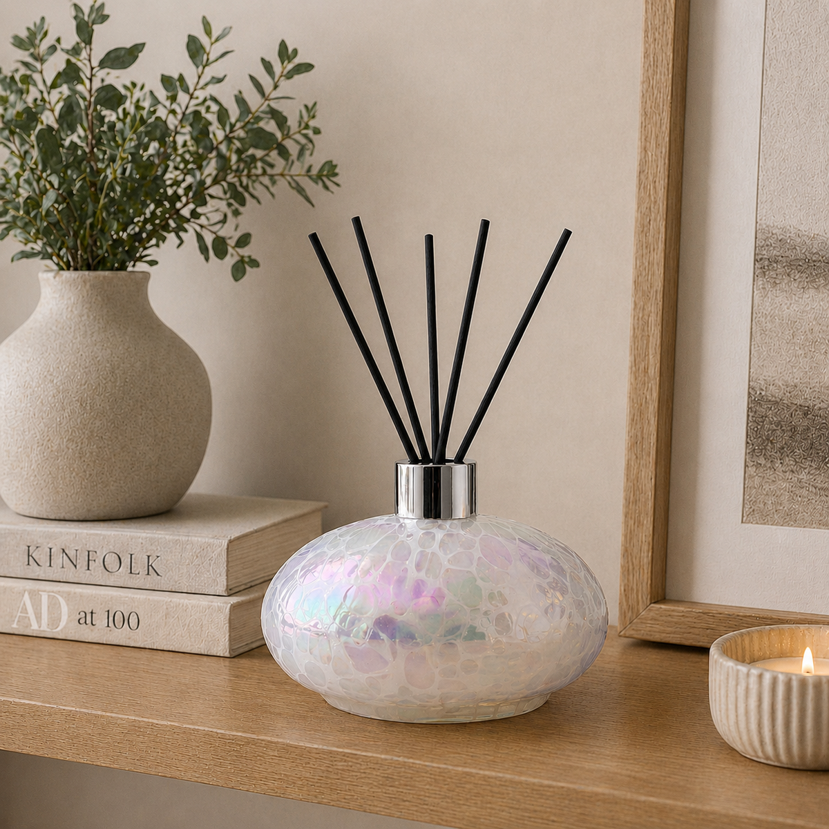 White Oval Glass Reed Diffuser Bottle – front view