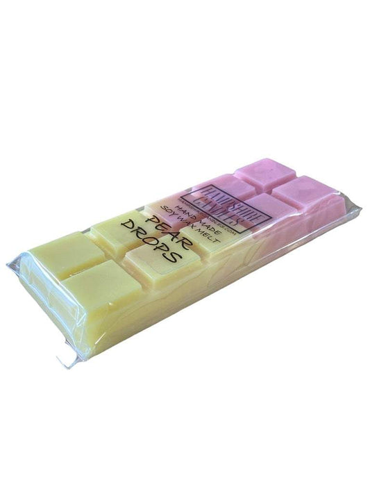 Pear Drops Wax Melts Soy wax melts infused with the sweet and tangy scent of pear drops. Perfect for electric wax melt burners.