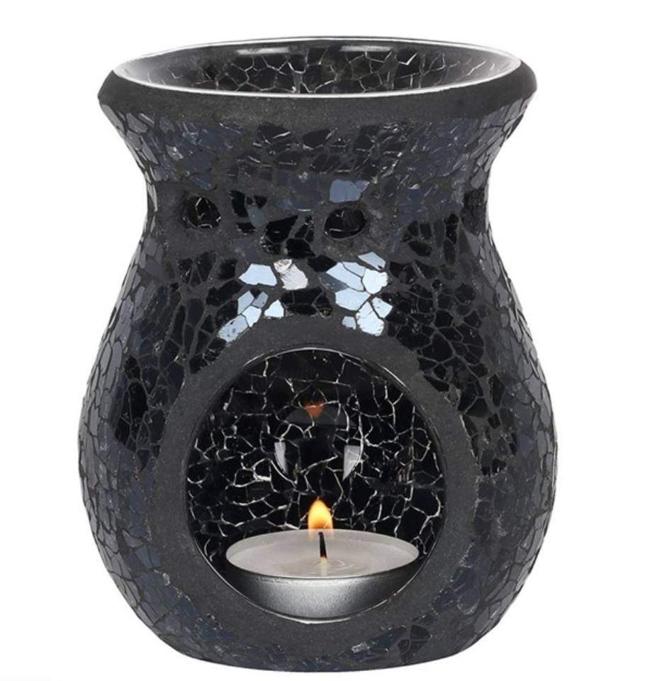 Black mirrored crackle glass wax melt burner on white background