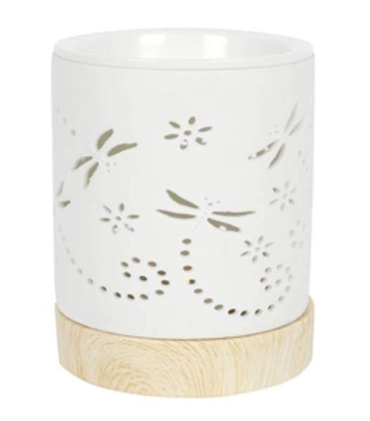 Dragonfly Wax Melt Burner – A ceramic tea light wax warmer with an elegant dragonfly detail and wood-effect base.
