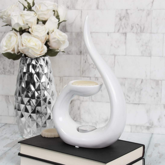 Extra large white ceramic wax melt burner with a modern sculptural design – ideal for melting wax and fragrance oils in a stylish home setting

