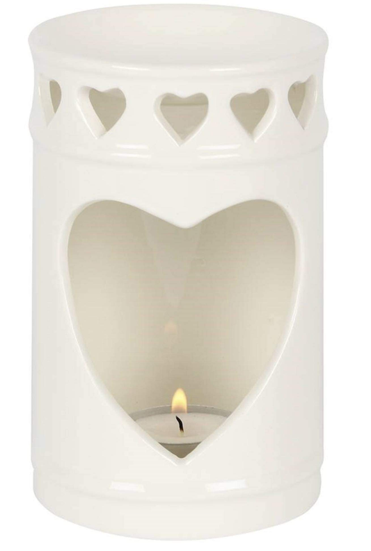 Ceramic Love Hearts wax melt burner with heart-shaped cutouts, elegant wax melter for scented wax melts and fragrance oils