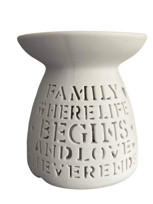 White ceramic wax melt burner with "Family Where Life Begins and Love Never Ends" quote. Ideal for wax melts and essential oils, perfect for home fragrance and aromatherapy.