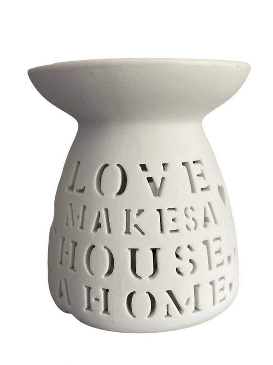 White ceramic wax melt burner with "Love Makes a House a Home" quote, ideal for wax melts and essential oils. Elegant home fragrance burner for aromatherapy.
